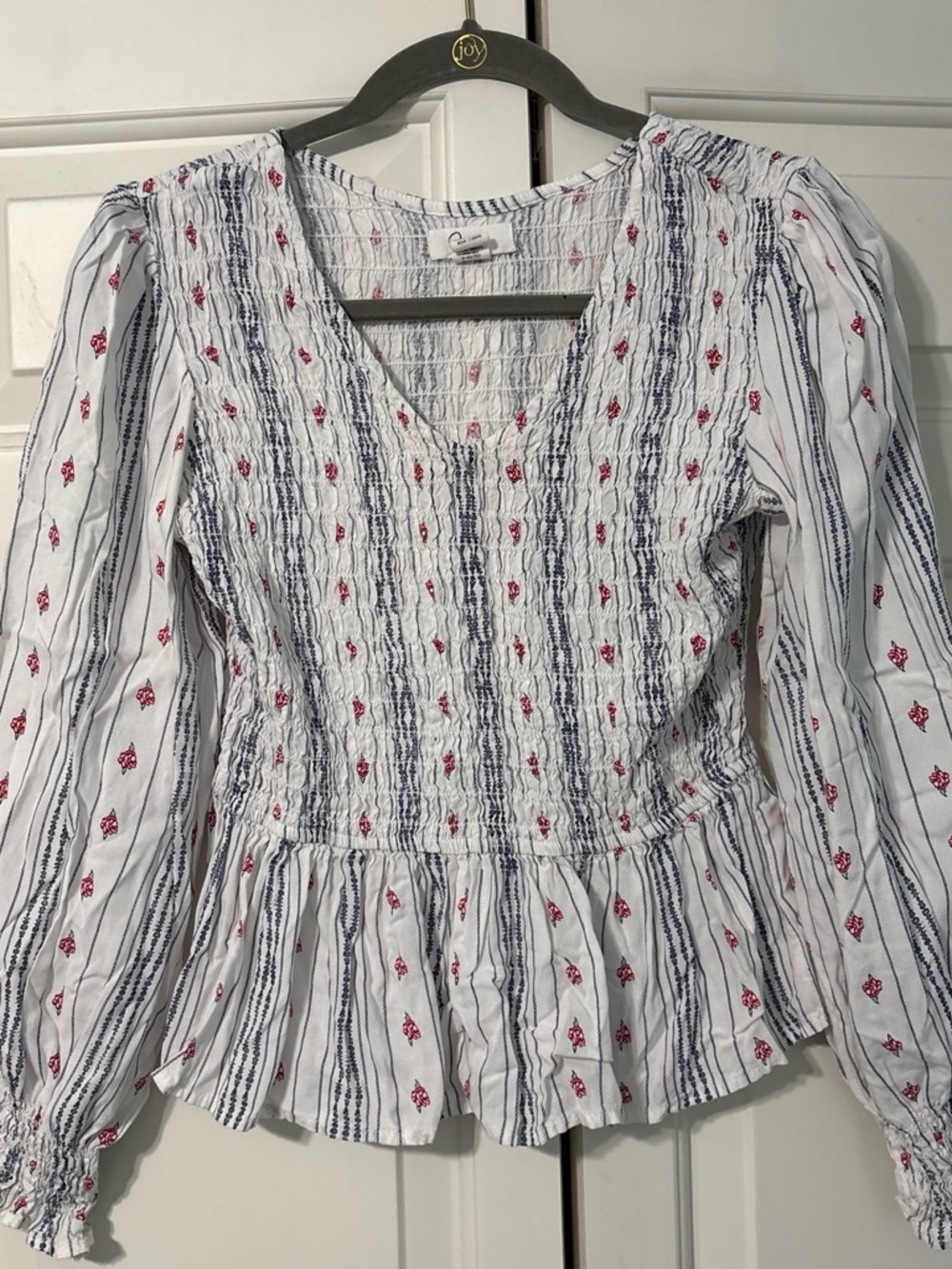 Japna White Smocked Peplum Blouse with Navy Stripes & Red Floral